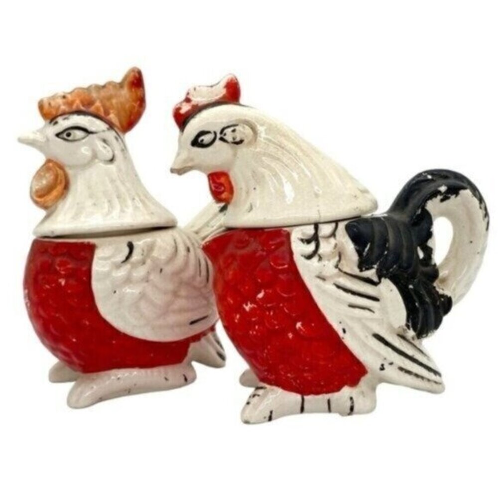 Vintage Artmark Japan Hen & Rooster Cream Sugar Bowl Salt Pepper Shaker